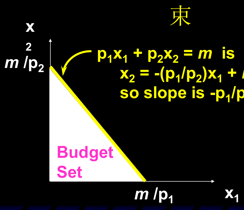 两种商品的预算集与预算线：截距为 m/p2 与 m/p1，斜率为 -p1/p2