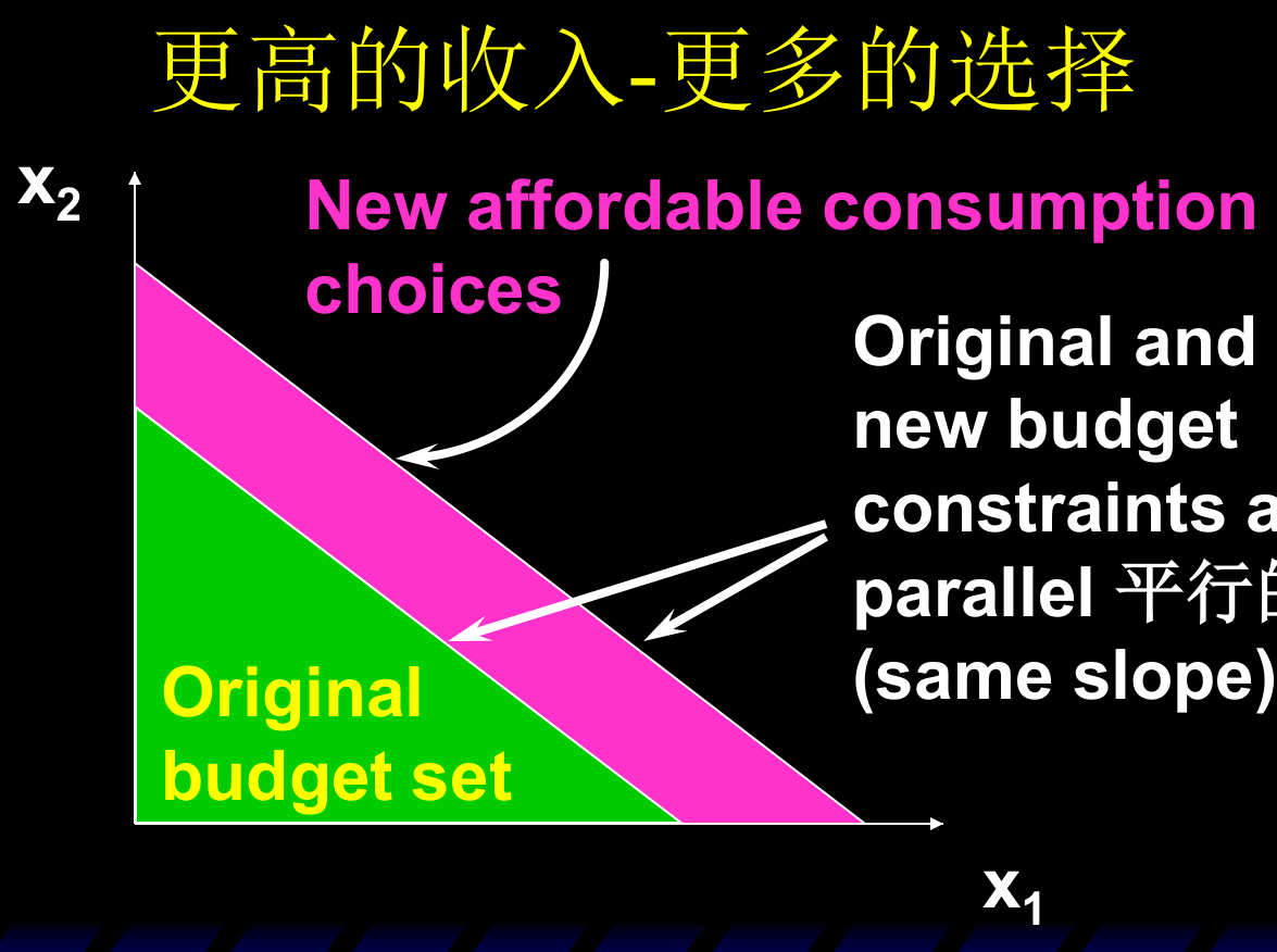 收入增加使预算线向外平移：斜率不变，两线平行