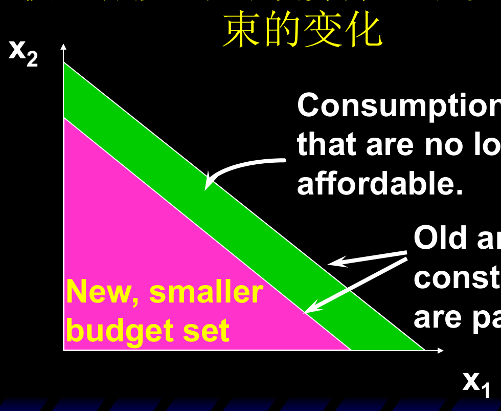 收入减少使预算线向内平移：预算集变小，部分消费束不再可行