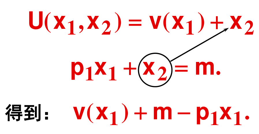 拟线性效用：将预算约束代入目标函数，化为最大化 v(x1)+m−p1x1