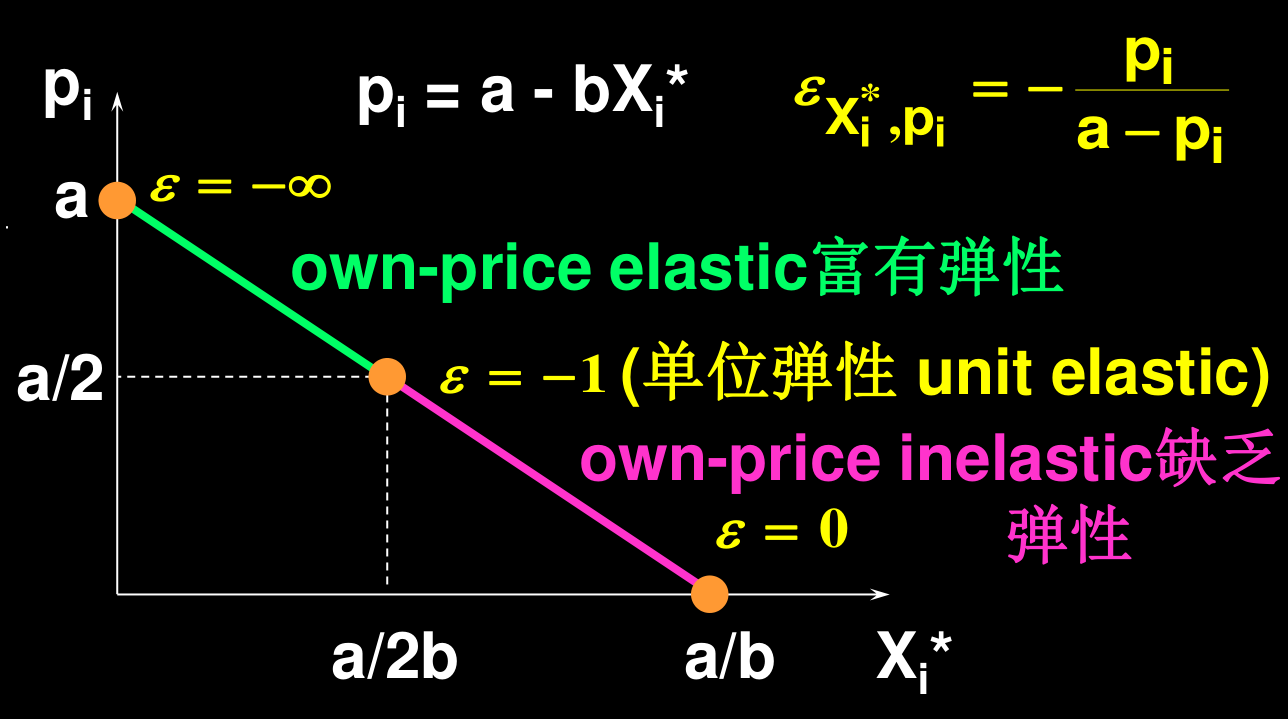 线性需求 pᵢ = a − bXᵢ* 上的点弹性分布:上半段富有弹性,中点单位弹性,下半段缺乏弹性
