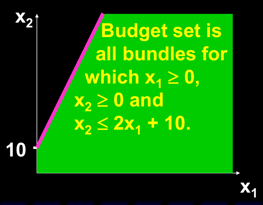 负价格商品的预算集：预算线向上倾斜 x2=2x1+10，预算集为其下方区域