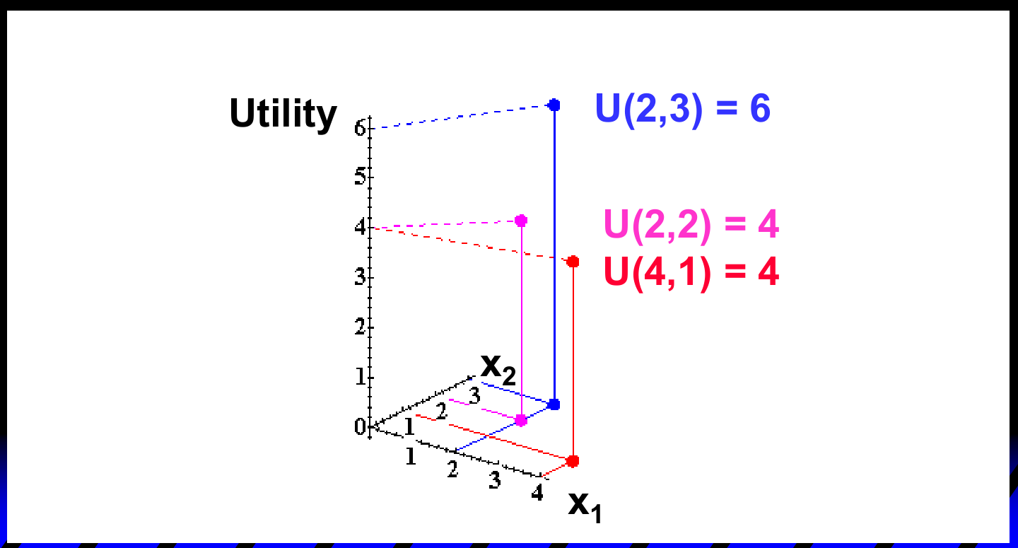 三维坐标中标出三个消费束的效用高度：U(2,3)=6，U(2,2)=4，U(4,1)=4