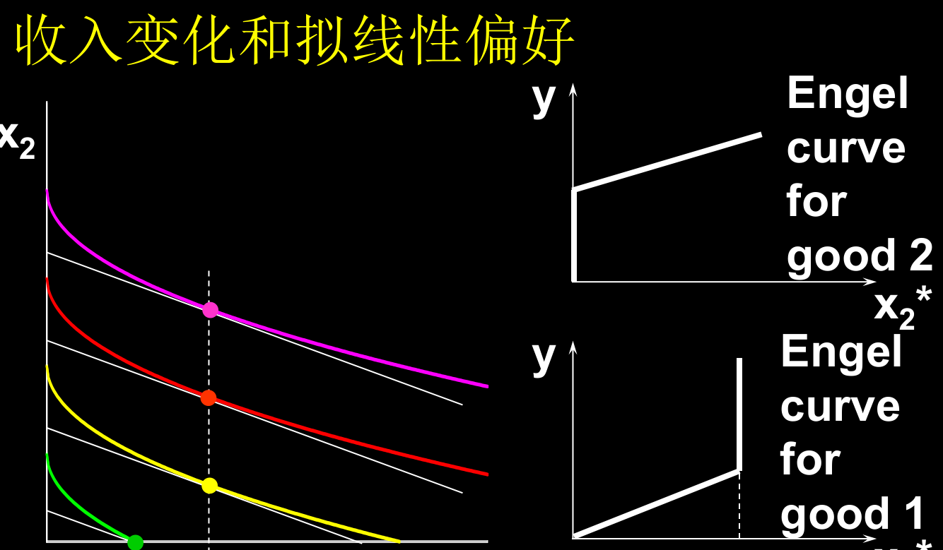 拟线性偏好：收入增加时最优束停留在同一垂直线上，两商品的恩格尔曲线都有拐折