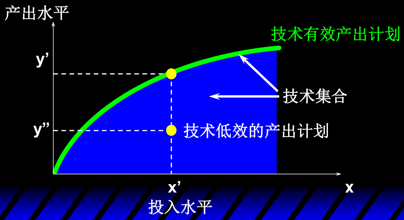 技术集合：生产函数曲线本身是技术有效（technically efficient）的产出计划，集合内部是技术低效（technically inefficient）的计划