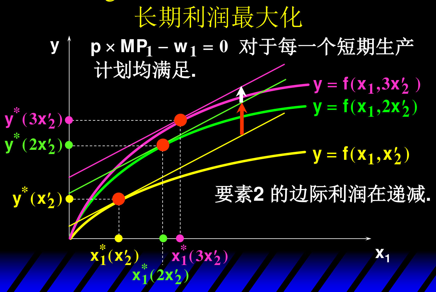 长期利润最大化:每个短期计划满足 p·MP1 − w1 = 0,要素2的边际利润递减
