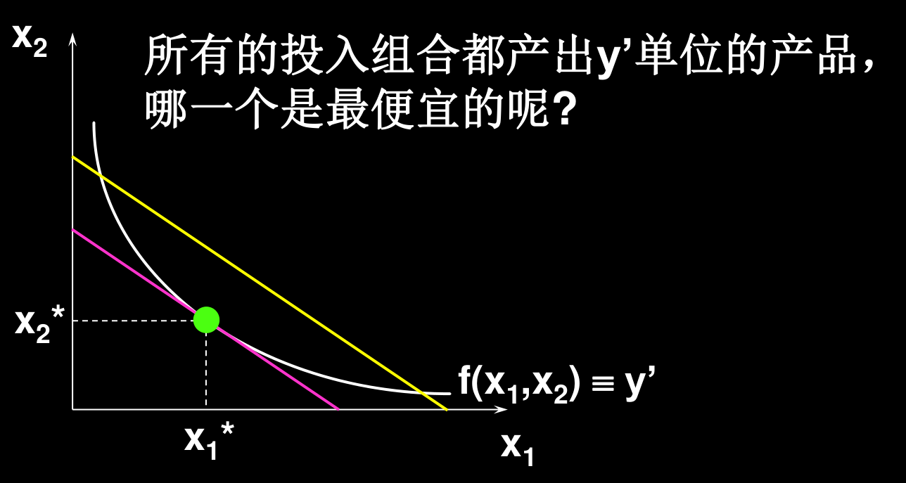 成本最小的要素组合：等成本线与等产量线 y' 相切于 (x1*, x2*)