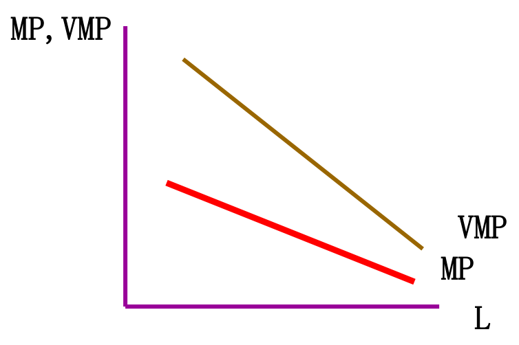 边际产量 MP 与边际产品价值 VMP 曲线：VMP = p·MP，位于 MP 上方，均随要素投入 L 递减